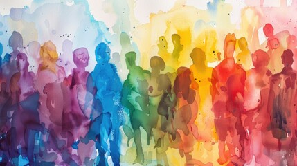 Abstract art watercolor painting showing a diverse group of people coming together.