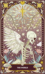 A tarot card in bohemian tones in a modern style in the form of a skeleton. Modern illustration of The World card, minimalistic cartoon skeleton, simple vector drawing