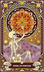 A tarot card in bohemian tones in a modern style in the form of a skeleton. Modern illustration of The Wheel of Fortune card, minimalistic cartoon skeleton, simple vector drawing