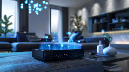 5G router at the heart of a digital entertainment system, streaming content to devices, - obrazy, fototapety, plakaty