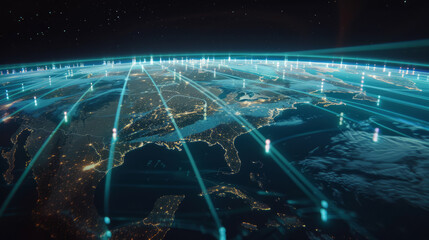 3D holograms of data packets circling the Earth, representing global internet traffic,