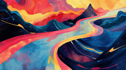A fluid rainbow winding through a surreal landscape of shape and color, - obrazy, fototapety, plakaty