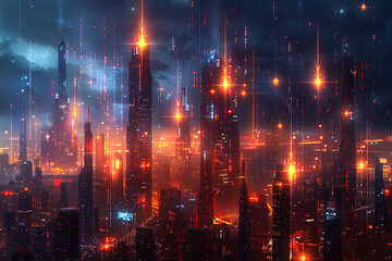 Modern city technology background with shiny lines and dots. Futuristic city background