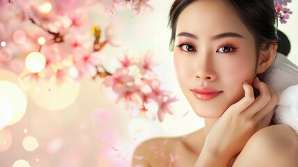 Naklejka na ściany i meble Asian skin care routine for glowing skin. Best body care products for Asian women.