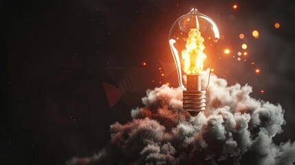 Creative light bulb with explosion and smoke coming out on black background, concept Successful launch creativity - Powered by Adobe