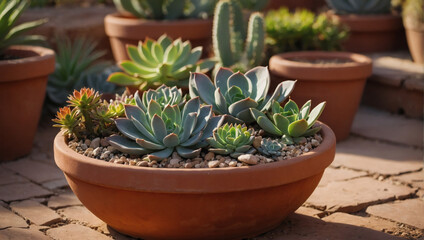 Fototapeta na wymiar A succulent garden in a terracotta pot, showcasing a variety of colorful desert plants.