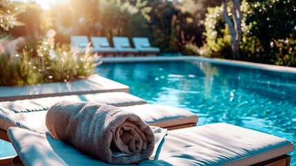 Closeup of towels on lounge chairs near a luxury swimming pool at a tropical spa resort  - 780687296