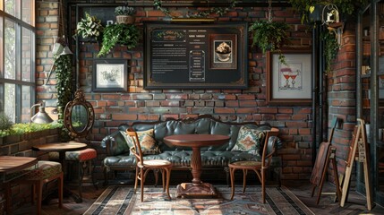 A cozy cafe corner with intimate seating and aromatic coffee, featuring a mockup frame displayed on a brick wall or chalkboard menu, adding charm and personality to the inviting space