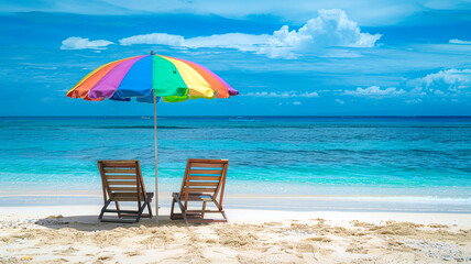 lounge chairs on the beach. beach chair and rainbow color umbrella, vacation background