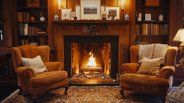 A cozy fireplace lounge with plush seating and warm lighting, featuring a mockup frame displayed on the mantle alongside decorative objects and family photographs, creating a focal point for gathering