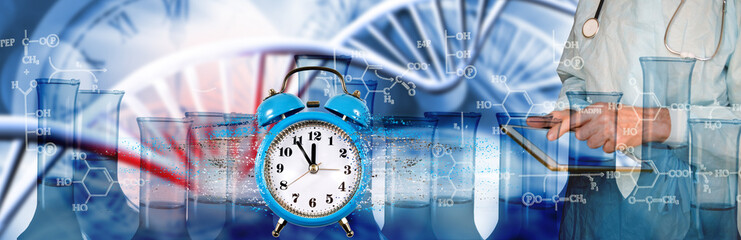 image of a clock with particles coming off it against a background of stylized DNA strands, chemical formulas and research tools