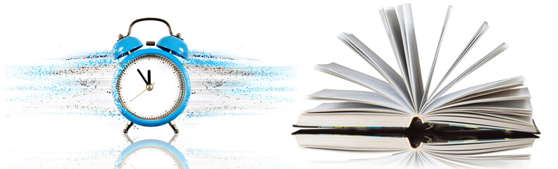  image of a clock with particles coming off of it and a book with open pages on a white background