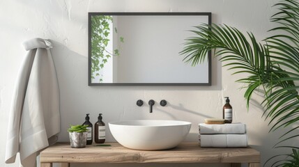 Fototapeta na wymiar A serene bathroom with clean lines and spa-like elements, featuring a mockup frame displayed on a shelf or vanity, adding a personal touch to the tranquil setting