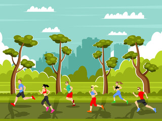 Men and women run a marathon. People run along a country road outside the city. Vector graphics