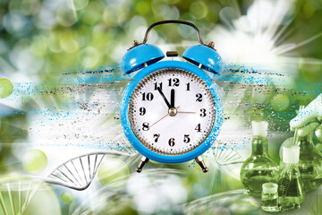 image of a clock with particles coming off it against a background of stylized DNA strands and chemical research tools