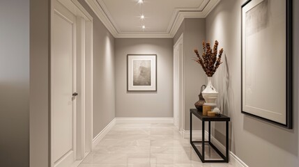 A stylish hallway with minimalist decor and sleek lighting fixtures, featuring a mockup frame hanging on the wall, adding visual interest to the transitional space