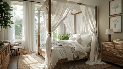 A serene bedroom retreat with a canopy bed and soft, dreamy fabrics, featuring a mockup frame placed on a bedside table or dresser, adding a touch of elegance to the tranquil space