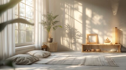A tranquil yoga studio with serene decor and soft lighting, featuring a mockup frame placed on a meditation altar or yoga mat, creating a peaceful space for mindfulness and reflection - obrazy, fototapety, plakaty