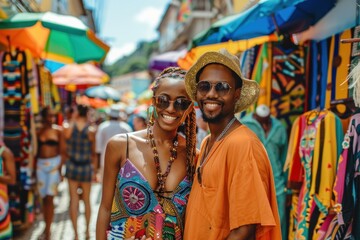 Obraz premium Market scene with happy couple surrounded by colorful fruits and vegetables, showcasing love, joy, and cultural diversity.