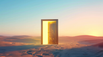 Opened door on desert. Unknown and start up concept. This is a 3d illustration Generative AI