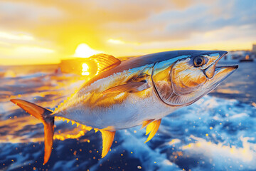 Big tuna fish jumps out of sea at sunset