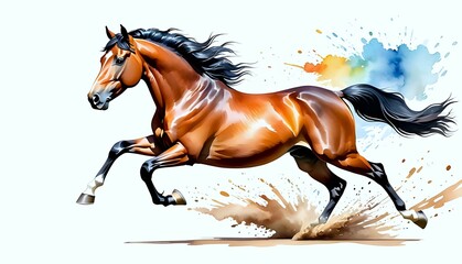 Illustration of a running horse with watercolor splash on white background