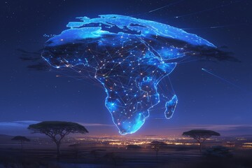 A digital artwork of the African continent made up of interconnected nodes, symbolizing global connectivity and internet use in Africa. 