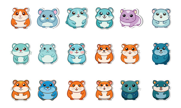 Sticker for funny cartoon hamster character, Colorful cartoon sticker set, Line vector illustration, Isolated on isolated background.