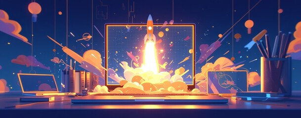 laptop with rocket taking off from the screen - obrazy, fototapety, plakaty