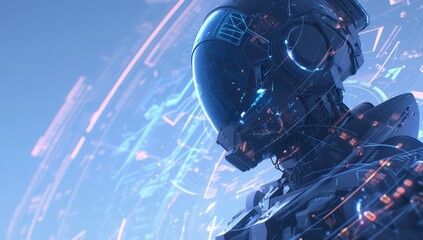 artificial intelligence concept with robot head on light background, futuristic digital technology and ai representation