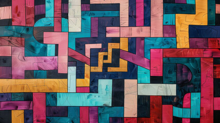 A labyrinth of geometric lines and shapes, challenging viewers to find their way through, - obrazy, fototapety, plakaty