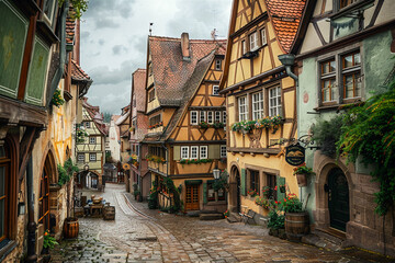 German Medieval Village.  Generated Image.  A digital rendering of a shopping district in a medieval German village.