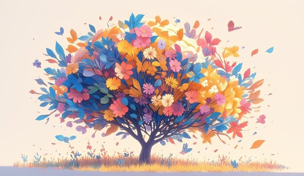 brain made of colorful leaves, creative illustration