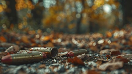 High resolution cinematic image of shotgun shells laying on the ground of a beautiful forest - obrazy, fototapety, plakaty