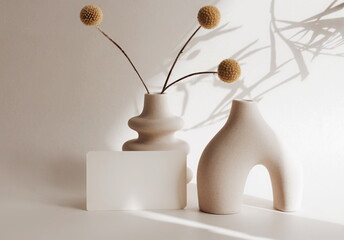 Empty card mockup ,modern beige vasen with dry flowers , sunlight shadow  on beige background.Copy...