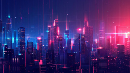 Abstract geometric city at night, with glowing polygons and lines simulating urban lights, - obrazy, fototapety, plakaty