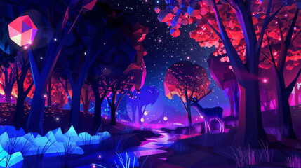 Abstract geometric forest at night, with trees and animals formed from glowing shapes,