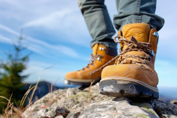 A selfie of men's feet in sneakers on a hilltop enjoying the view. Beautiful simple AI generated image in 4K, unique.