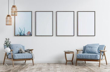 Naklejka na ściany i meble Photo of A blue armchair and sofa in front of white wall with poster frames on it, minimalistic interior design