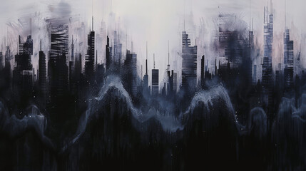 Abstract representation of noise pollution, with dark sound waves emanating from urban centers, disrupting wildlife,