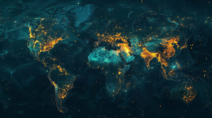 Abstract world map with glowing hotspots indicating global tech innovation hubs,