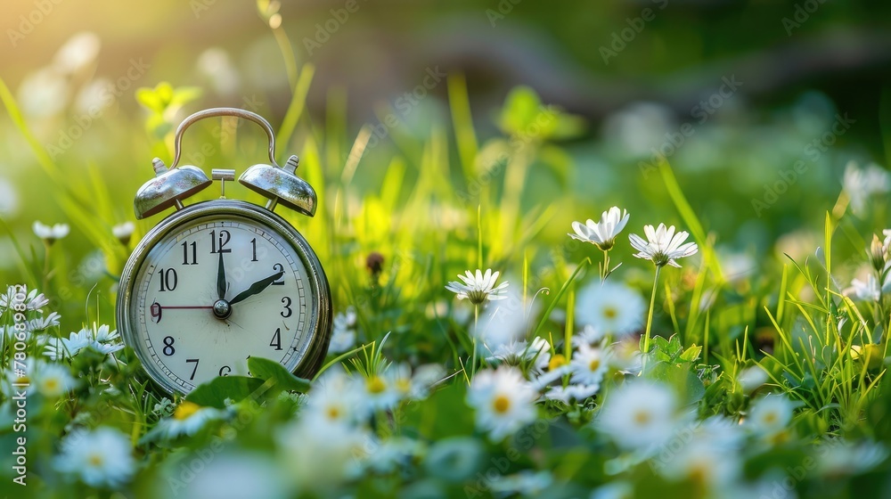 Fototapete spring forward spring time change. daylight saving time. alarm clock on beautiful nature background 