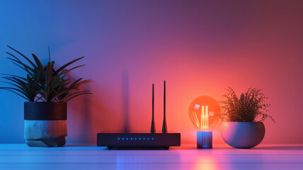 Aesthetic 5G router setup with ambient lighting, representing the blend of technology and home decor, - obrazy, fototapety, plakaty