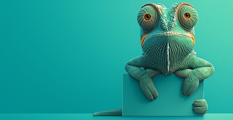A colorful chameleon with vibrant colors, isolated on a blue background. The chameleon's face is closeup and its head turned to the side. - obrazy, fototapety, plakaty