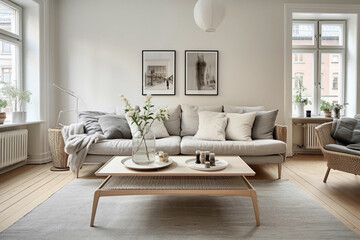 Inviting sofas and vintage table in Scandinavian decor.