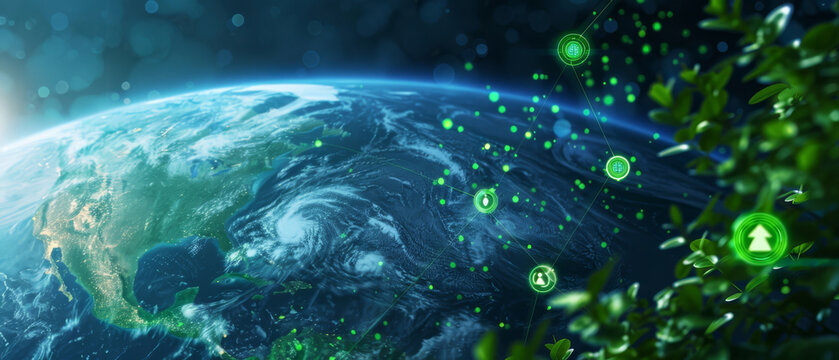 An eco-friendly satellite system, visualized with green energy symbols orbiting Earth,