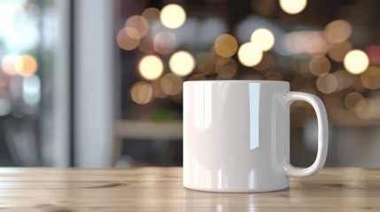 Fototapeta premium Empty white coffee cup standing on table with blurred bokeh background.