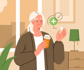 Taking pills concept. Elderly woman taking drug correctly, looking at medication bottle and reading a prescription label information to prevent side effects. Vector illustration. - 780690069