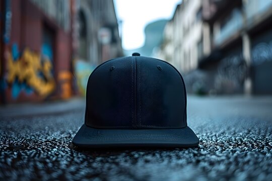 Black snapback hat on dark background for logo and brand identity mockup. Concept Mockup, Brand Identity, Logo, Dark Background, Snapback Hat