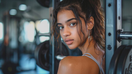 Intense portrait of a young woman with a subtle expression, engaging in a workout at a gym, with...